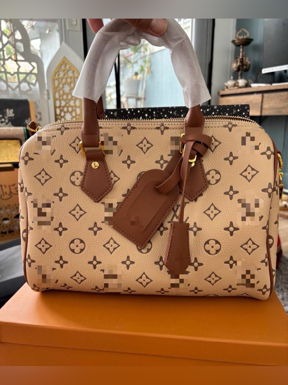 Beige Monogrammed Satchel with Brown Trim